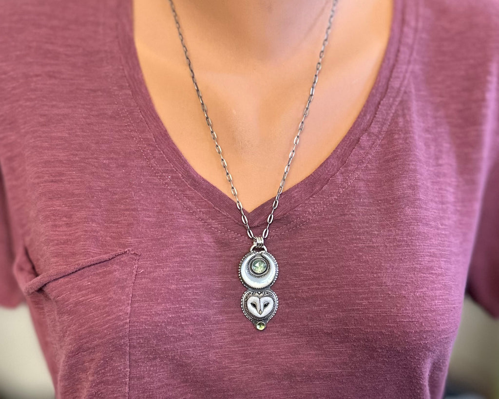 Barn Owl with Kyanite and Peridot Necklace