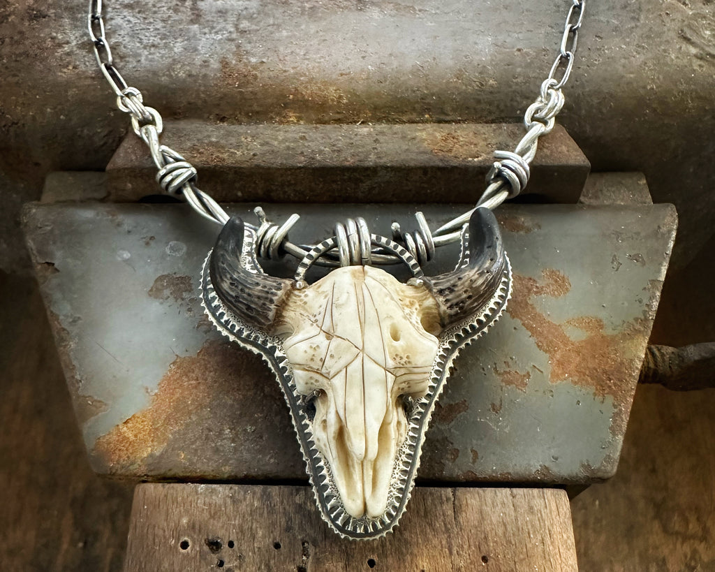 Bison Skull Necklace With Barbed Wire