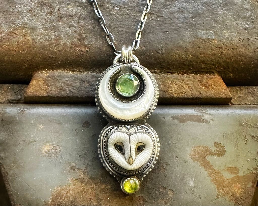 Barn Owl with Kyanite and Peridot Necklace