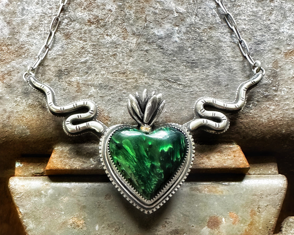 Green Bowlerite Sacred Heart with Snakes