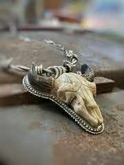 Bison Skull Necklace With Barbed Wire
