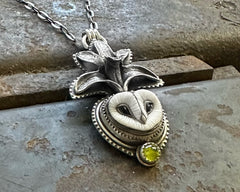 Barn Owl with Pinapple Lily and Peridot Necklace