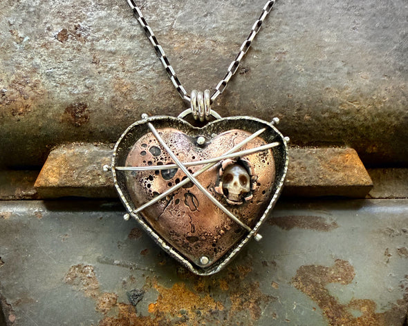 Copper and Sterling Silver Heart with Pearl Skull