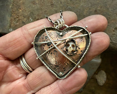 Copper and Sterling Silver Heart with Pearl Skull
