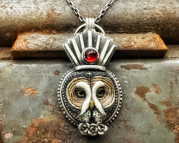 Great Grey Owl with Garnet Necklace
