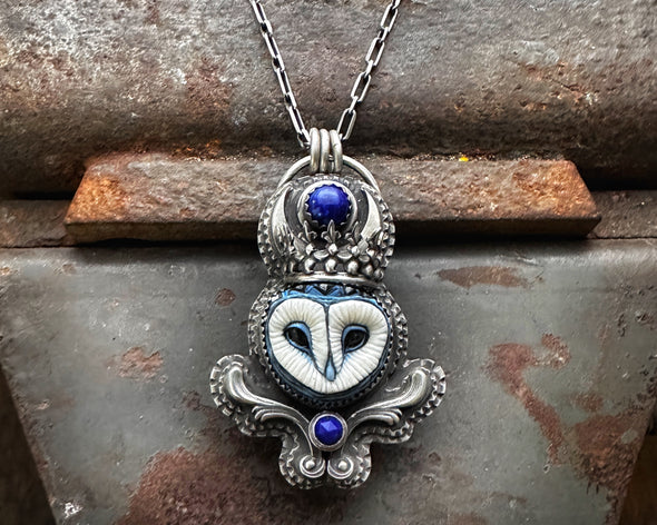 Blue Moon Barn Owl Necklace with Lapis