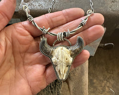 Bison Skull Necklace With Barbed Wire