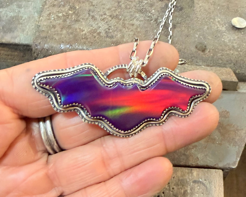 Dark Aurora Opal Bat Necklace