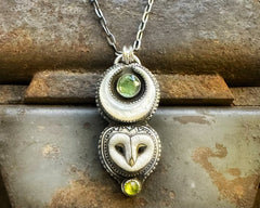 Barn Owl with Kyanite and Peridot Necklace