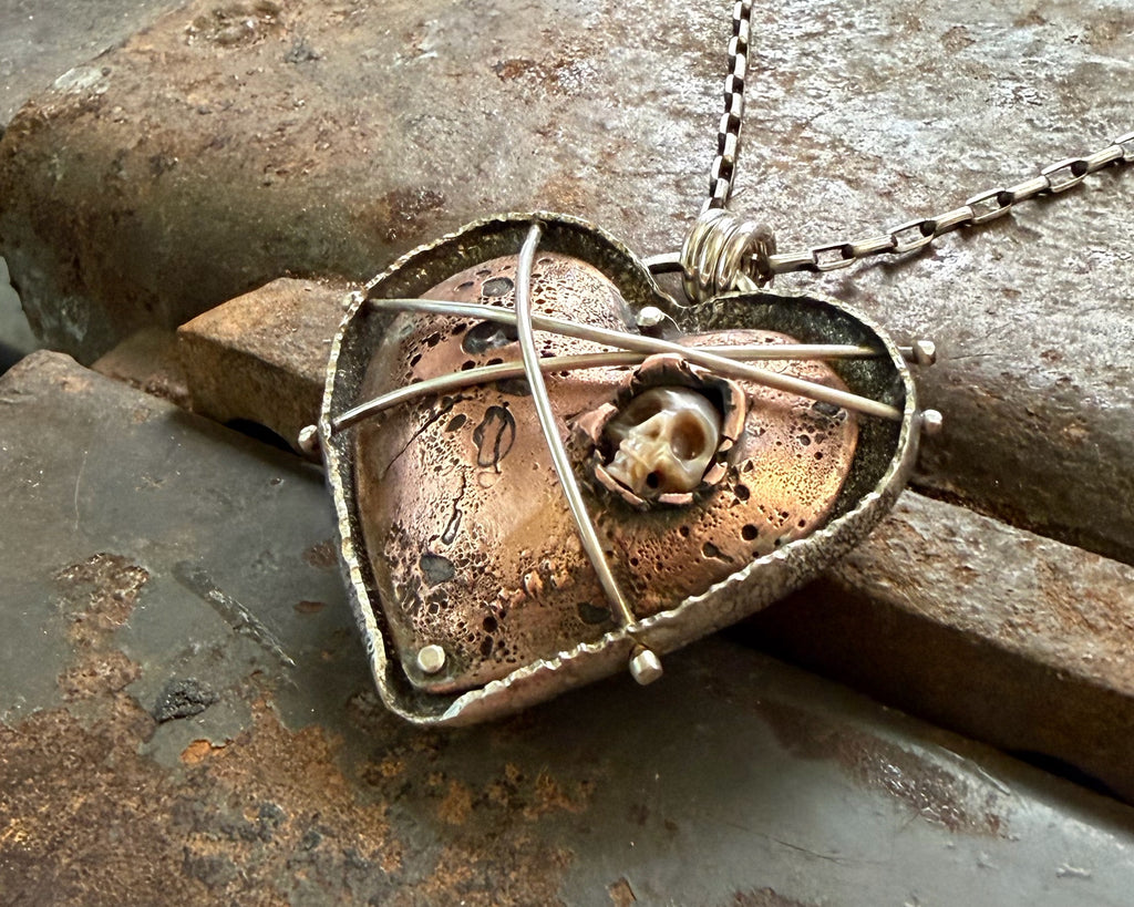 Copper and Sterling Silver Heart with Pearl Skull