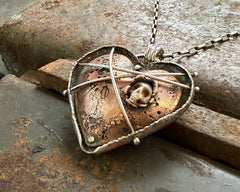 Copper and Sterling Silver Heart with Pearl Skull