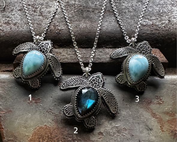 Sea Turtle Necklaces - Sterling Silver with Larimar or Labradorite