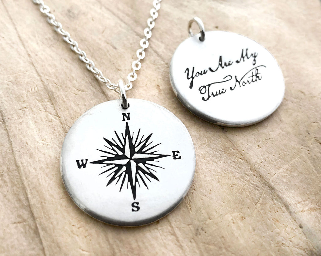 Sterling Silver Compass Necklace with Quote, You are My Truth North, for Women and Men
